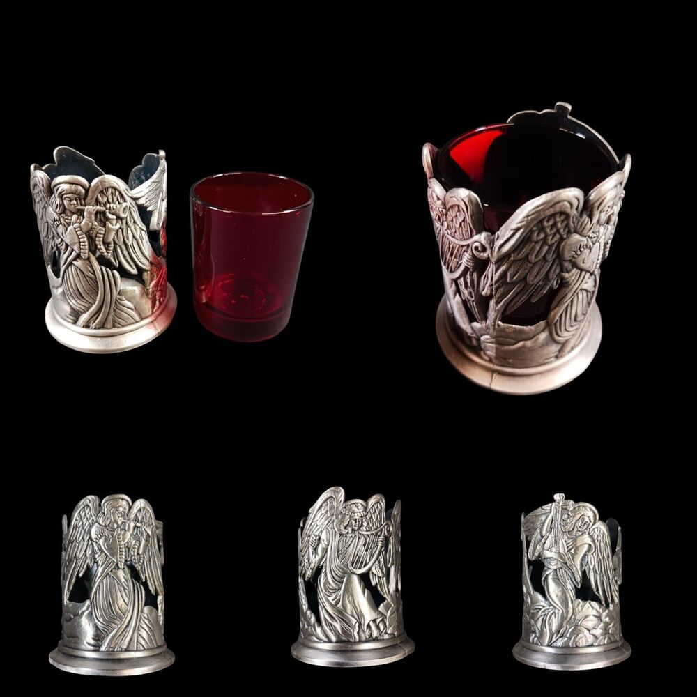 Pewter & Red Glass Votive Candle Holder Angels w/Musical Instruments 3"